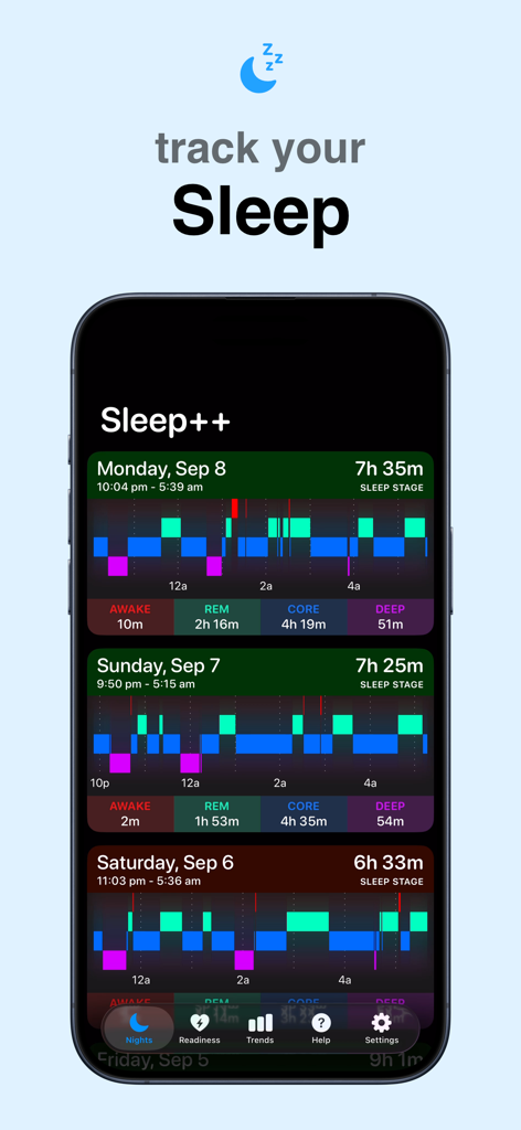 Panel de seguimiento del sueño que muestra las etapas y la duración del sueño durante varias noches en la aplicación Sleep plus plus.