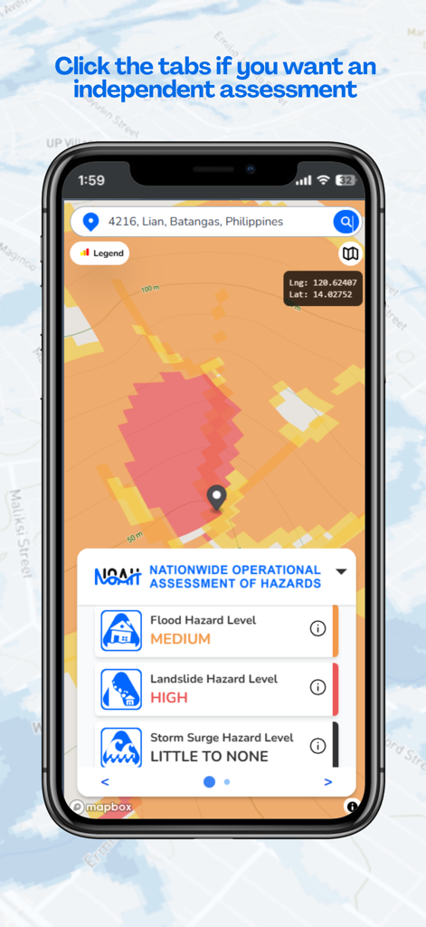 UP NOAH - Interface do aplicativo UP NOAH mostrando níveis de perigo de inundações e deslizamentos de terra para uma localização específica.