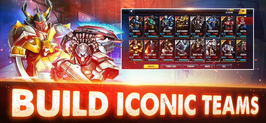 Ultimate Robot Fighting - Écran de présentation des robots d'Ultimate Robot Fighting, affichant divers combattants mécaniques et le texte « Créez des équipes emblématiques ».