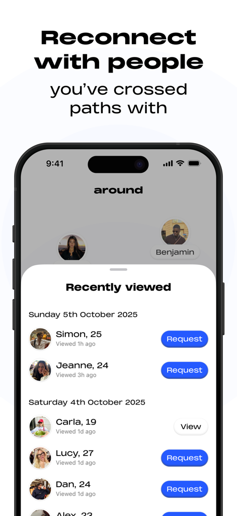 around — find who’s close - A smartphone screen showing the history feature of the around app with a list of profiles under a Recently viewed header.