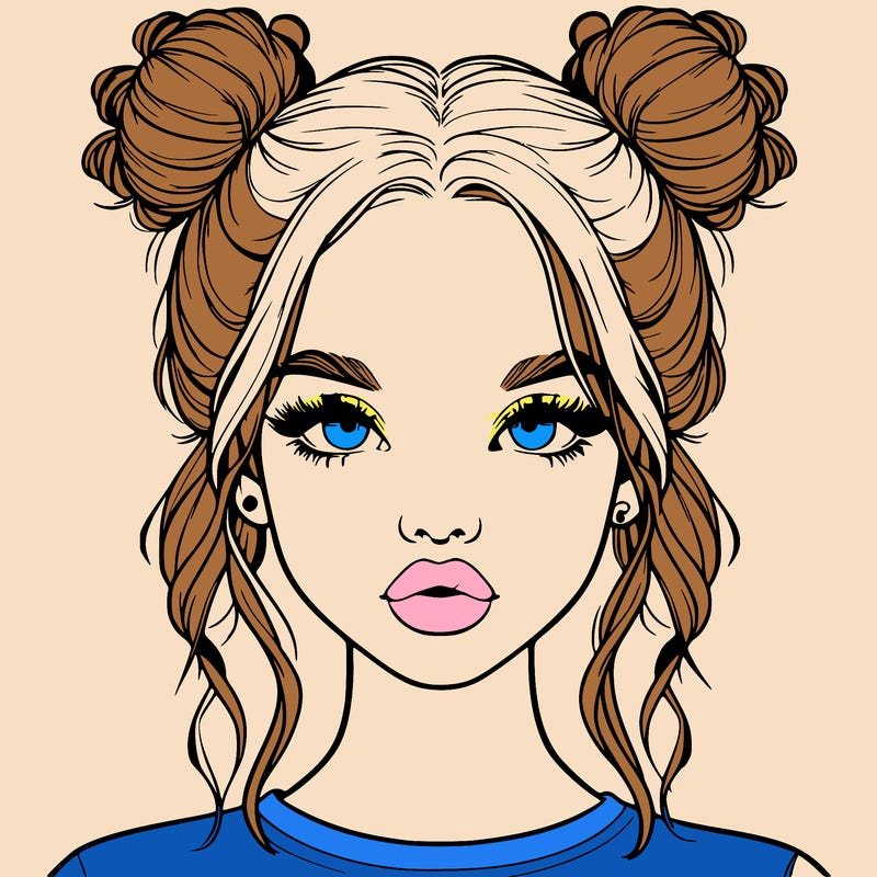 realistic girl with two buns in hair and lips