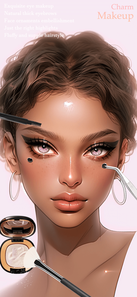 Un personaje con exquisito maquillaje encantador y herramientas de belleza en el juego de maquillaje Vlinder Fantasy