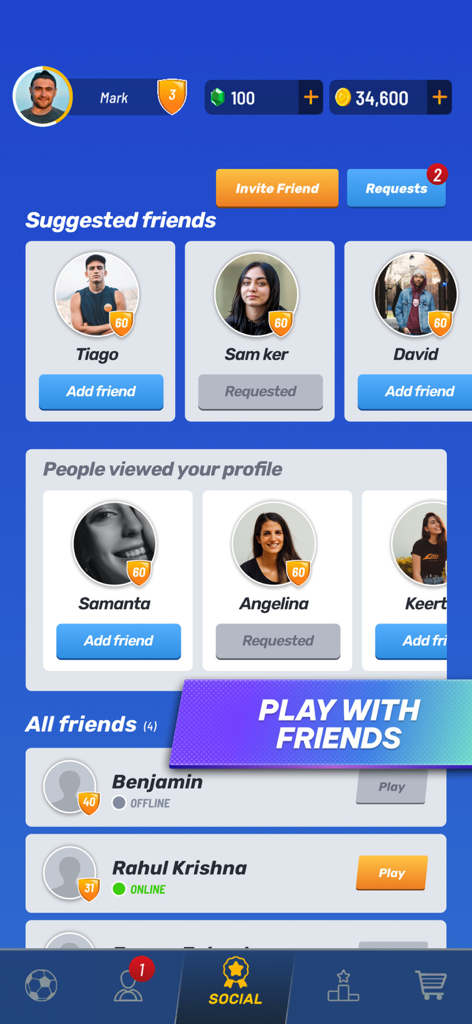 Football World : Online Soccer - Das Social- und Freundemenü von Football World Online Soccer mit vorgeschlagenen Freunden und Online-Status