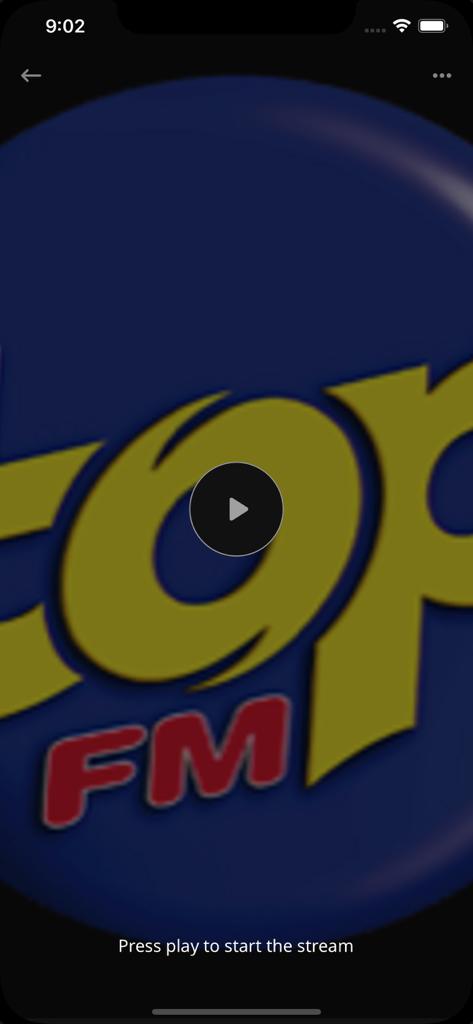 Top Fm Radio - Schermata di riproduzione dello streaming live dell'app Top FM Radio con un pulsante di riproduzione centrale