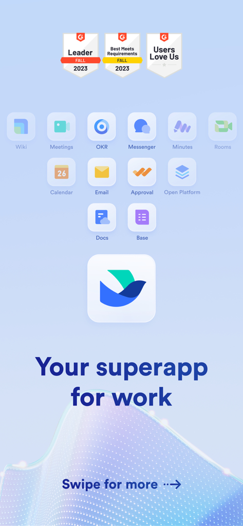 Lark mobile app display featuring tool icons for chat, meetings, and docs with the tagline your superapp for work