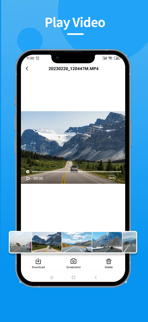 VeeCar - Smartphone screen showing the VeeCar app video playback interface with options to download or screenshot dashcam footage