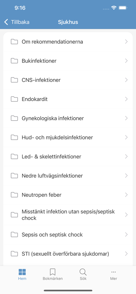 Strama Nationell - Clinical decision support menu showing various infection types in the Strama Nationell app.