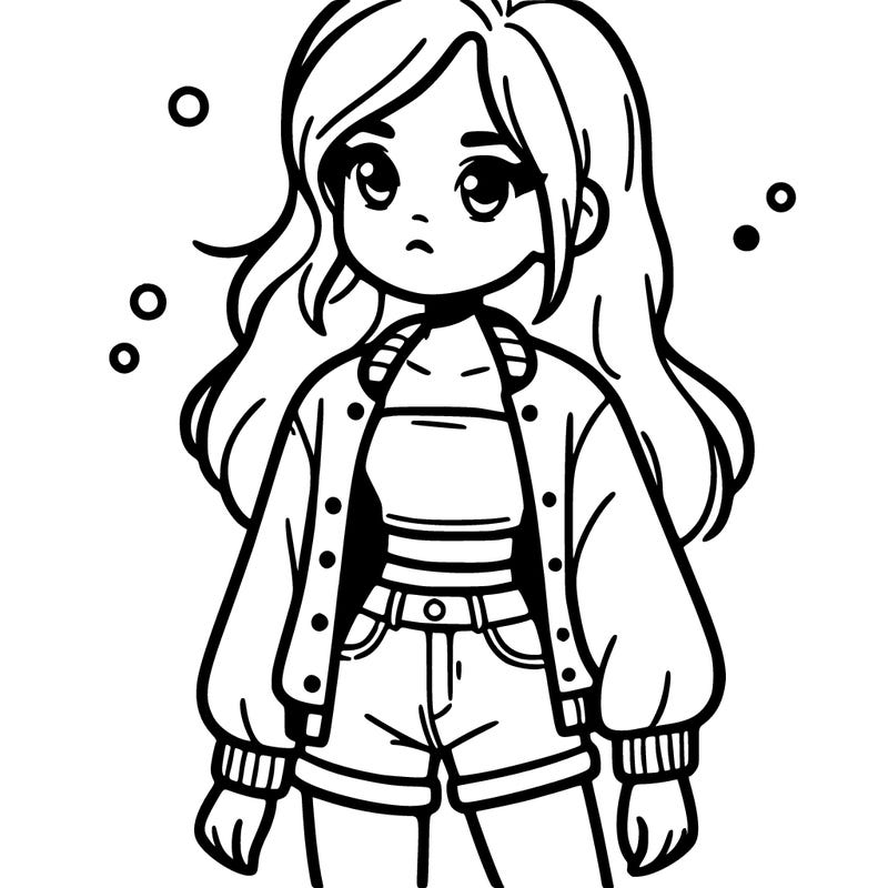 girl with long hair a jacket and crop-top with short jeans