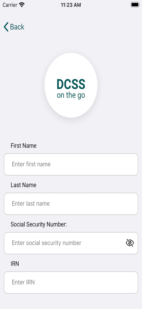 GA DCSS - GA DCSS mobile app registration screen with fields for personal details