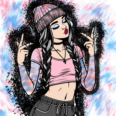 realistic teenage girl with braids and a beanie and crop top doing 🫶🏼