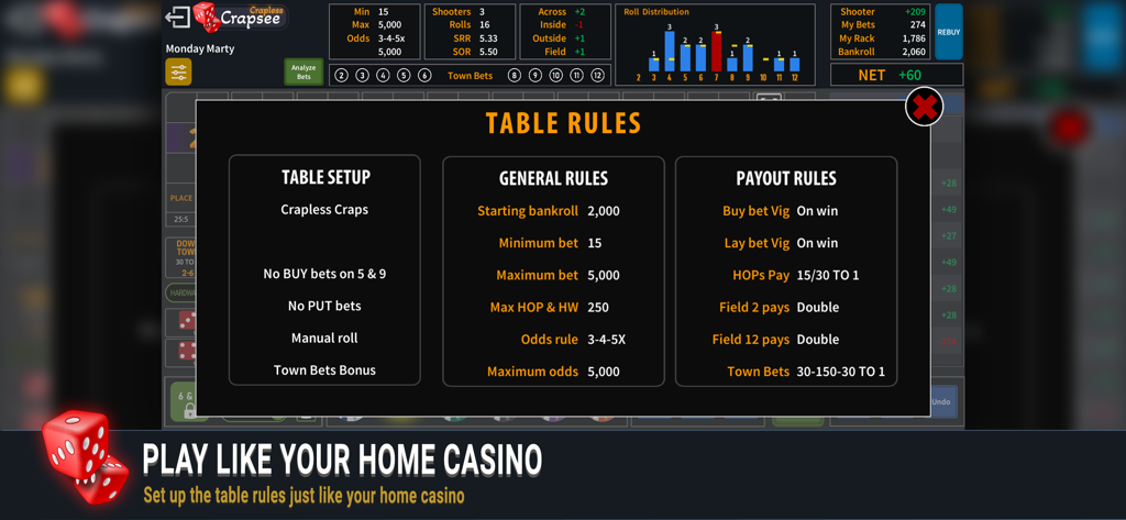 Crapsee - Oberfläche der Crapsee App mit anpassbaren Tischregeln für Einrichtung, allgemeines Spiel und Auszahlungen.