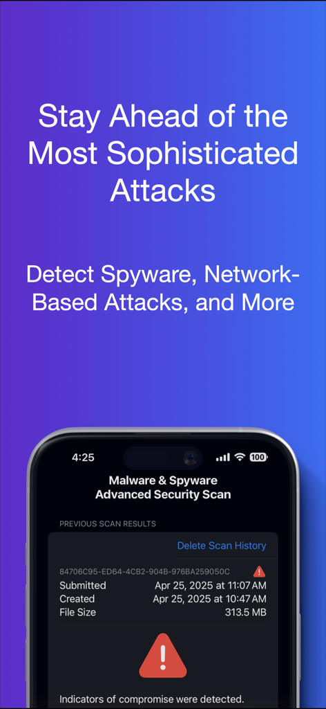 Am I Secure? Antivirus Pro - Advanced malware and spyware security scan results in the Am I Secure app showing a detected threat warning