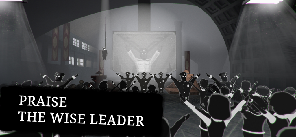 Beholder 2 - A crowd of silhouetted citizens praising the Wise Leader in a dark dystopian ministry setting within Beholder 2