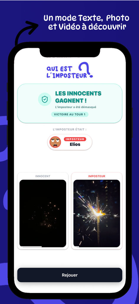 Qui est l’imposteur ? - Écran de victoire du jeu mobile Qui est l'imposteur montrant que les innocents ont gagné après avoir démasqué le joueur Elios.