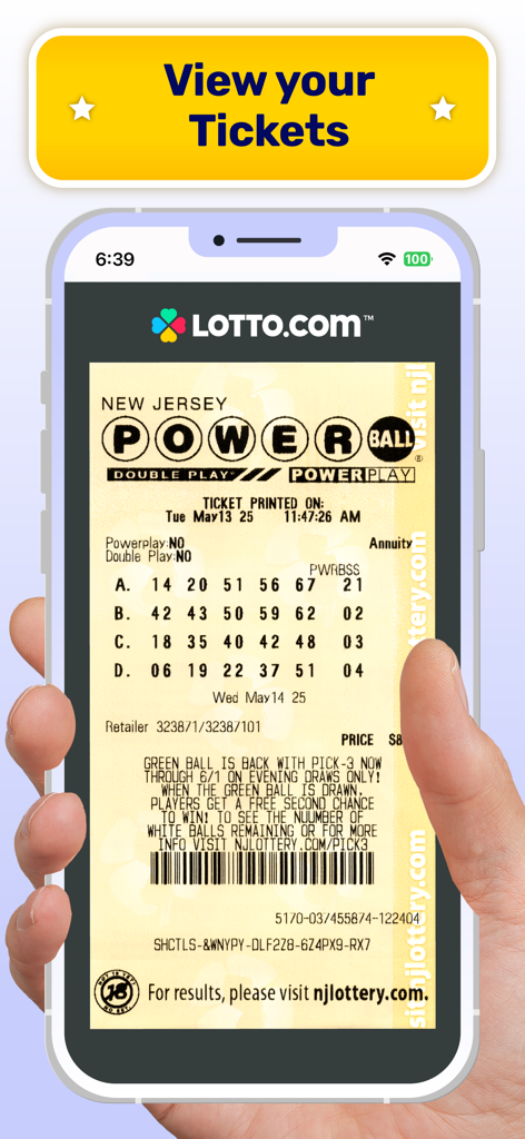 Smartphone screen showing a digital scan of a New Jersey Powerball ticket in the Lotto.com app
