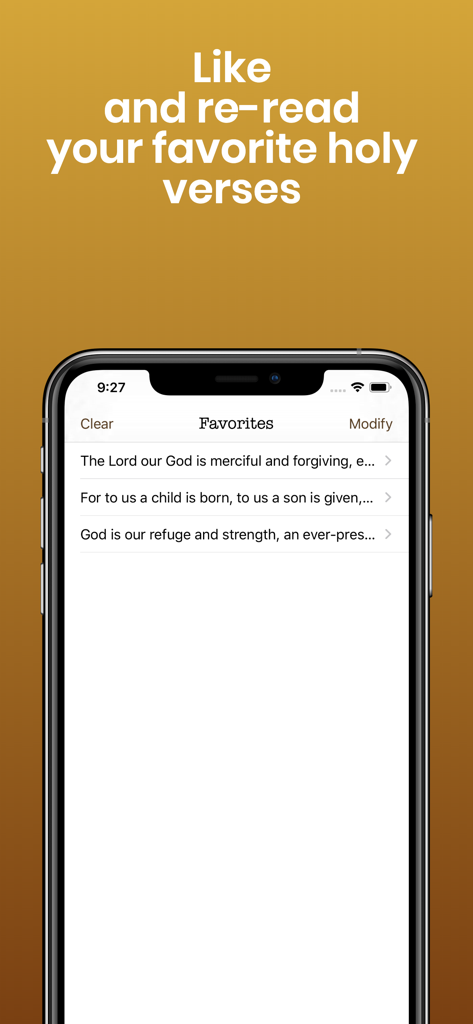 A list of favorite Bible verses saved in the app on an iPhone screen
