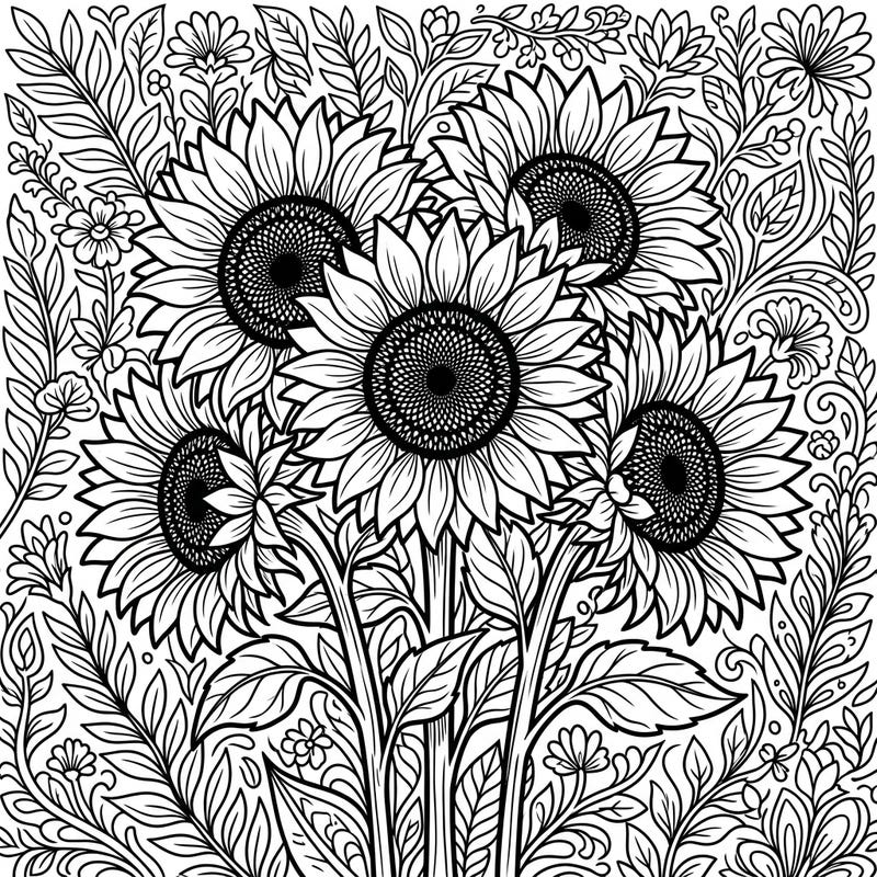 Discover the robust beauty of Black Oil Sunflowers with this captivating coloring page. Its intricate floral design promises hours of relaxing and creative artistry for all skill levels.