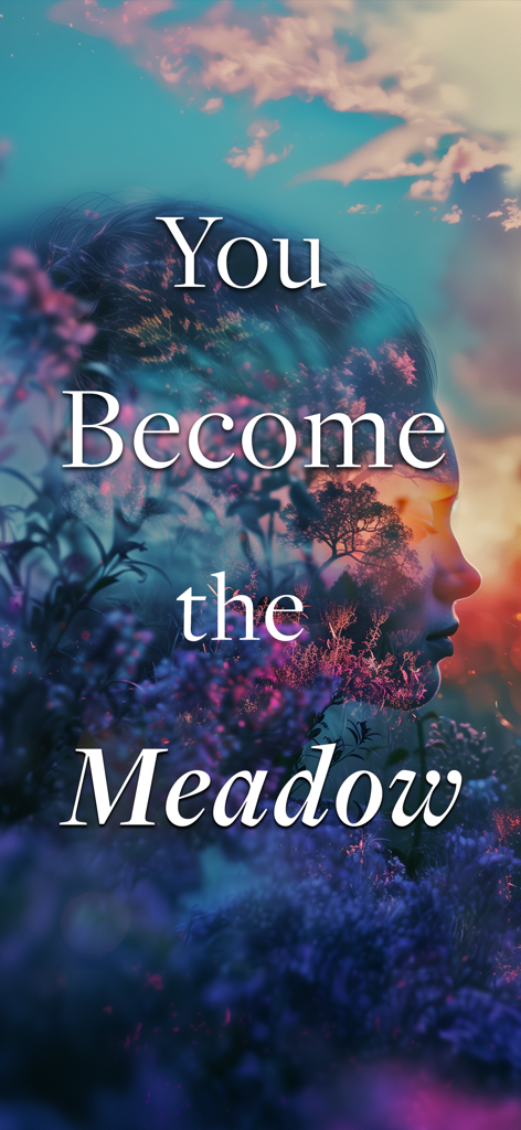 Naturespace Holographic Audio - Double exposure of a person profile and a purple meadow with the text You Become the Meadow