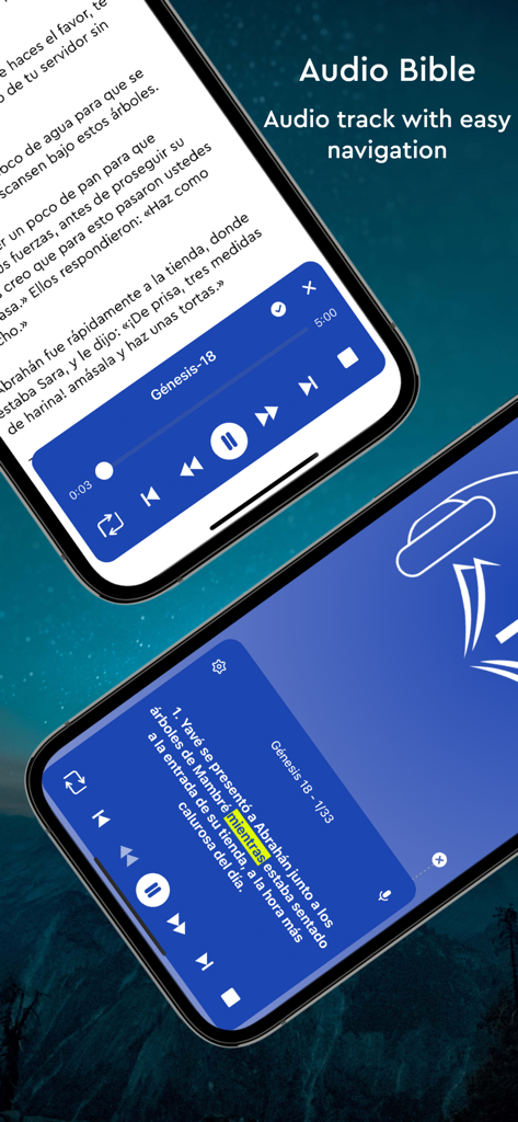Reina Valera - The Holy Bible - Two smartphone screens showing the audio Bible feature and playback controls for the Reina Valera Spanish Bible app