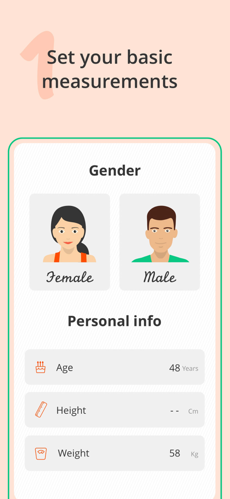 Keto Recipes & Meal Plans - Pantalla para introducir medidas de género, edad, altura y peso en la aplicación Keto Recipes