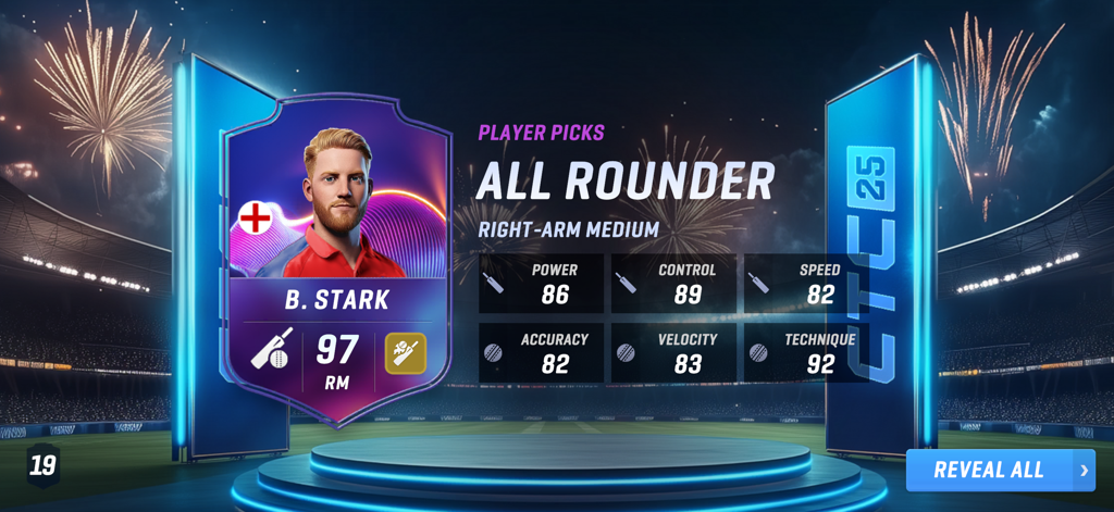 Cricket Team Coach - Une carte de joueur dans Cricket Team Coach montrant un polyvalent très bien noté avec des statistiques détaillées comme la puissance et la technique sur fond de stade avec des feux d'artifice.