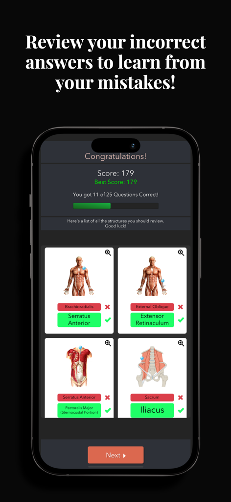 Anatomist – The Anatomy Game - Anatomist app screen for reviewing incorrect anatomy quiz answers