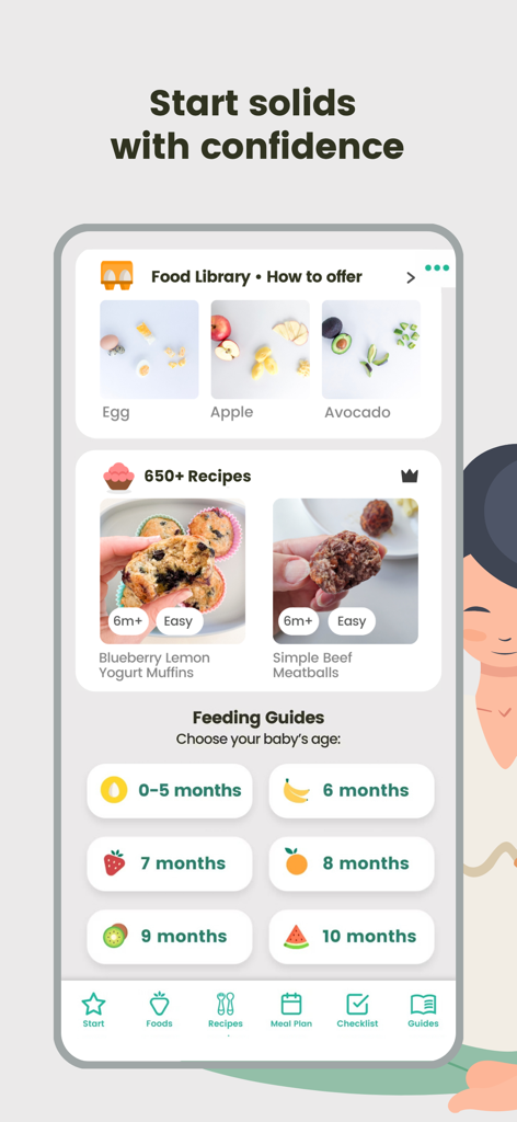 Interfaz de la aplicación móvil Comidas BLW que muestra una biblioteca de alimentos, recetas como magdalenas y albóndigas, y guías de alimentación específicas por edad de 0 a 10 meses.