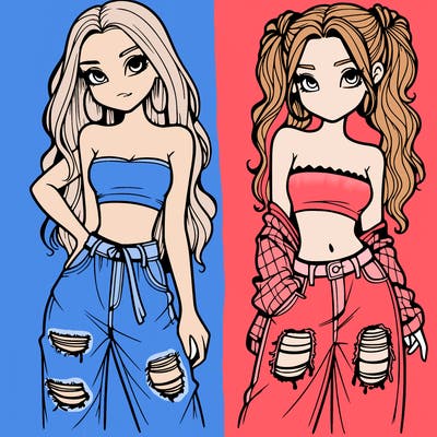 2 girls in crop tops and baggy jeans ripped