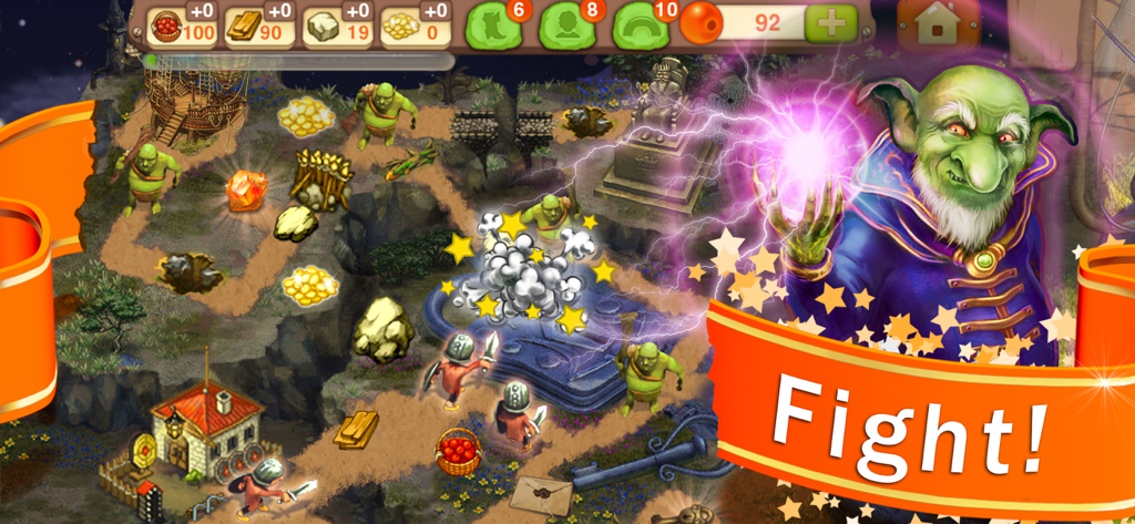 Brownies - magic family game - Una escena de batalla en el juego Brownies magic family game con un poderoso mago goblin lanzando hechizos y pequeños guerreros luchando contra monstruos.