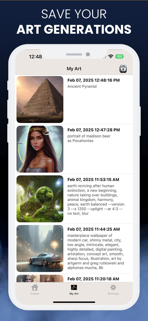 Journey AI ® - A mobile screen showing a gallery of saved AI-generated images in the Journey AI app