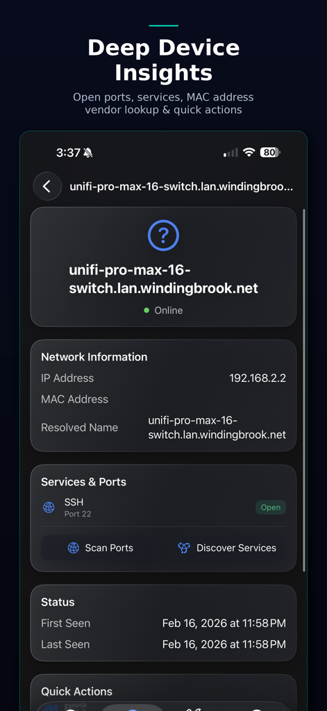 NetMonitor Mobile app screen displaying detailed network information and open ports for a specific device