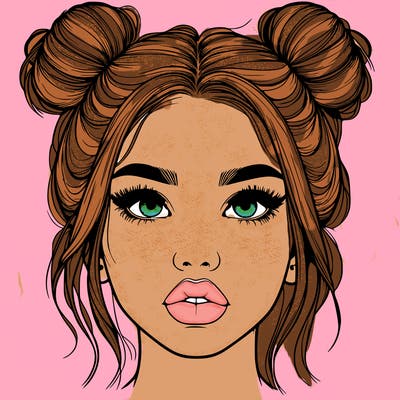 realistic girl with two buns on her hair and lips