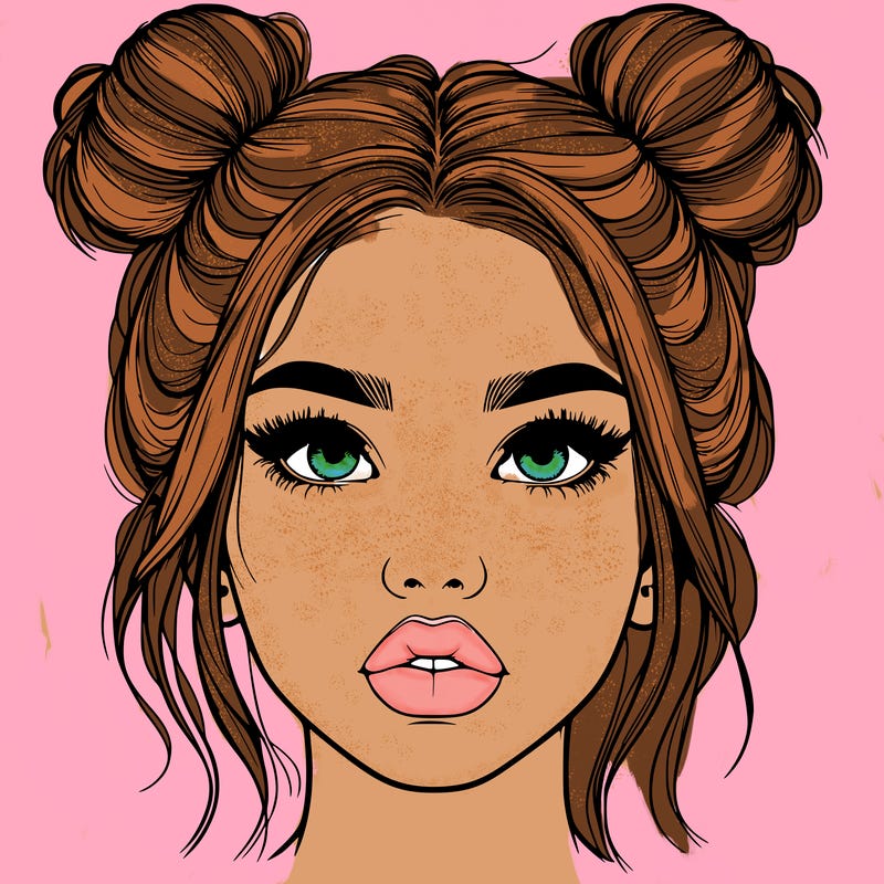 realistic girl with two buns on her hair and lips