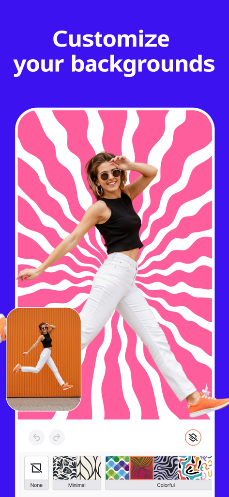 Una interfaz de aplicación móvil que muestra una función de eliminación y personalización de fondo con una comparación de antes y después de una mujer saltando.