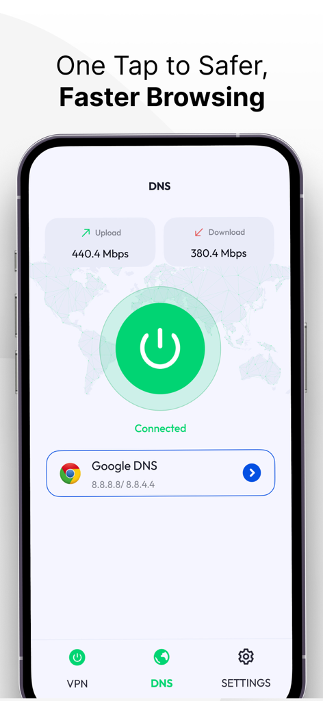 Screenshot of VPN 111 app showing a connected DNS with high upload and download speed metrics