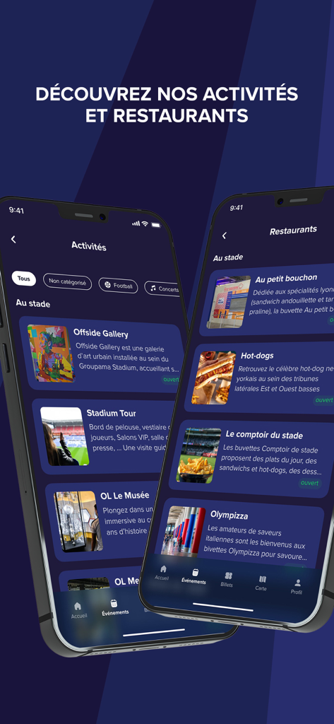 Groupama Stadium - Interface of the Groupama Stadium app showcasing various stadium activities and restaurant options
