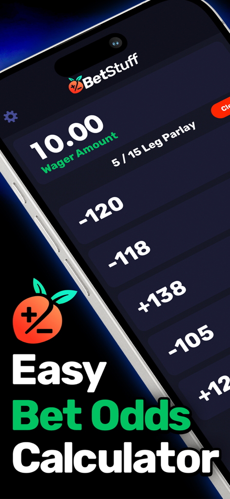 Bet Stuff ▶▶ Odds Calculator - Screenshot of the Bet Stuff app showing a parlay odds calculation interface on an iPhone