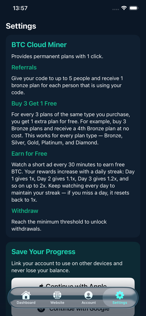 BTC Cloud Miner - Settings screen of the BTC Cloud Miner app showing referral information and free BTC earning options