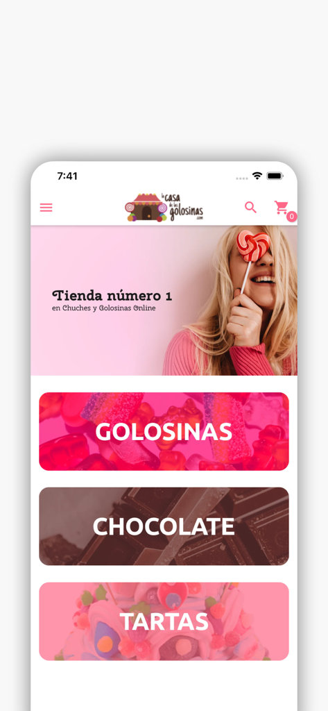 La casa de las golosinas - Home screen of the La casa de las golosinas app showing candy chocolate and cake categories.