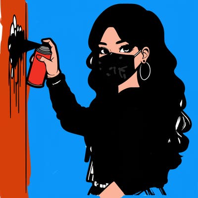 realistic girl with mask spray painting a wall