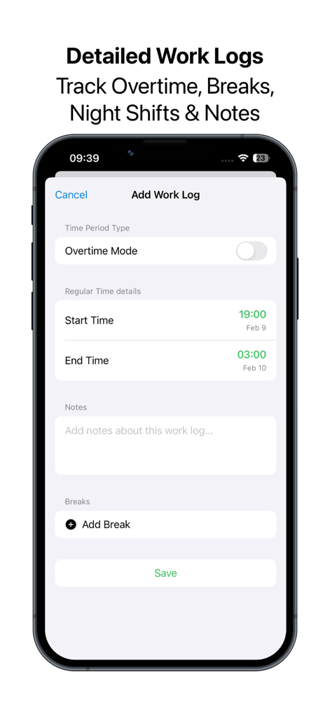 WorkLog - Hours Tracker - Interface of WorkLog app showing the Add Work Log screen with options for night shift and overtime tracking.