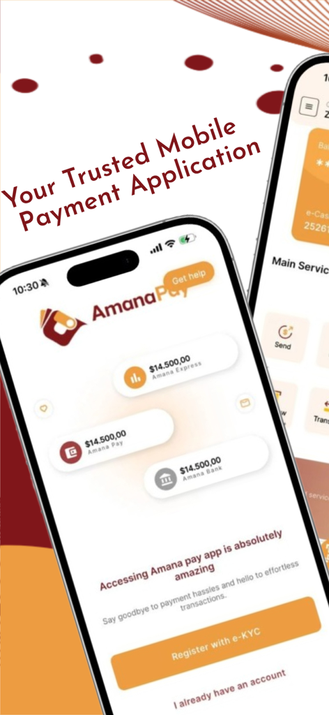 AmanaPay - Interfaz de la aplicación de pago móvil AmanaPay que muestra saldos de billetera y una pantalla de registro con el titular Su Aplicación de Pago Móvil Confiable