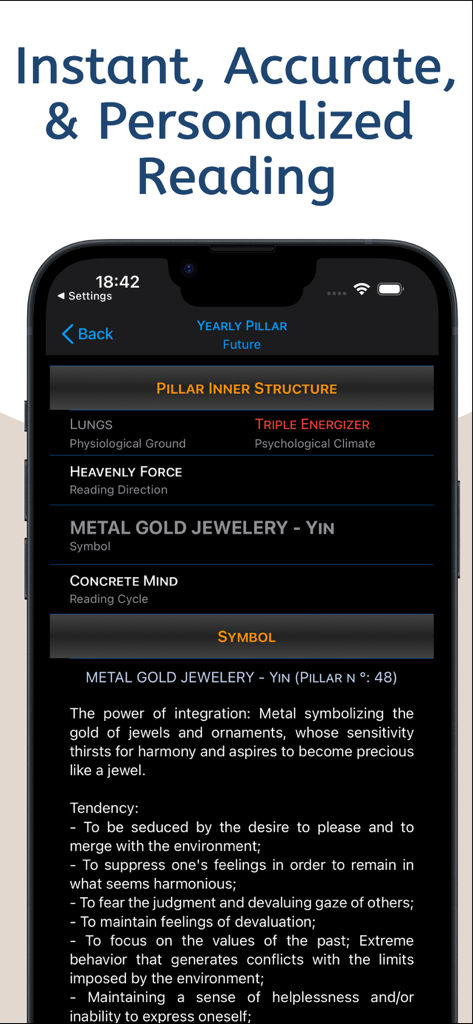 Pillars of Destiny - A detailed BaZi yearly pillar reading on the Pillars of Destiny app interface showing psychological and physiological analysis.