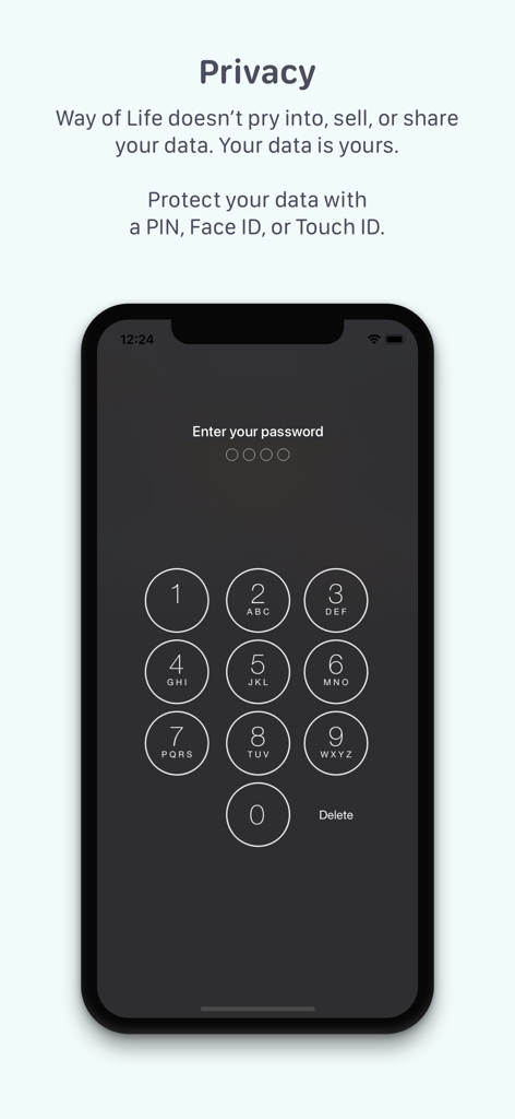 Pantalla de protección de privacidad en la aplicación rastreador de hábitos Way of Life mostrando un teclado de entrada de PIN