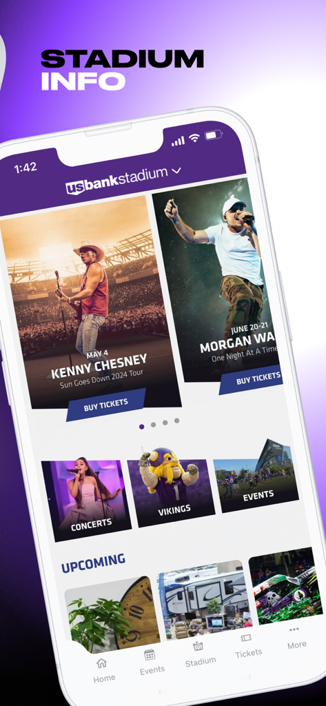 Minnesota Vikings - Minnesota Vikings app stadium information screen showing upcoming concerts and events at US Bank Stadium