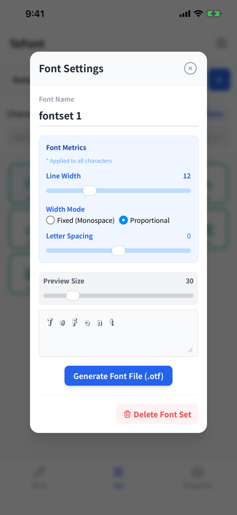 Menu des paramètres de police dans l'application TeFont pour ajuster la largeur de ligne et exporter un fichier de police otf personnalisé.