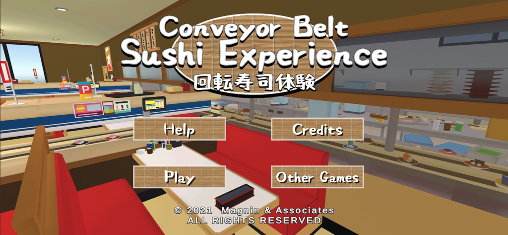 Conveyor Belt Sushi Experience - Hauptmenü der App Conveyor Belt Sushi Experience, das ein 3D-Sushi-Restaurant mit roten Kabinen und einem Laufband zeigt.