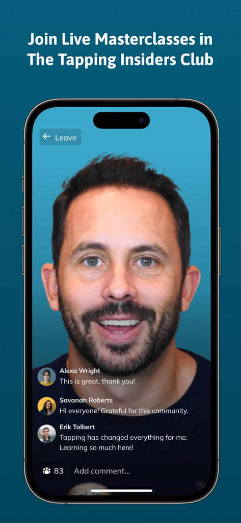 The Tapping Hub - A live masterclass session in The Tapping Hub app featuring Nick Ortner and community member comments.