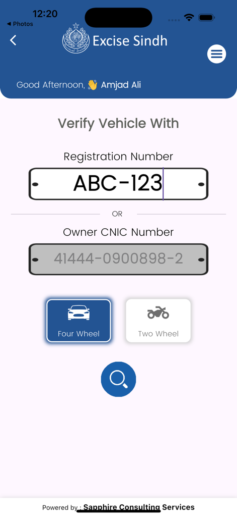 Excise Sindh - Interface of the Excise Sindh mobile app showing vehicle verification options by registration number or CNIC for cars and motorcycles.