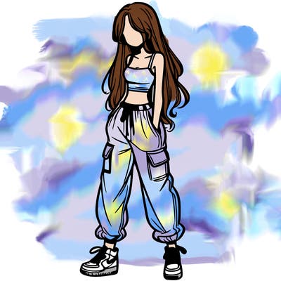 girl in baggy pants crop top and long hair